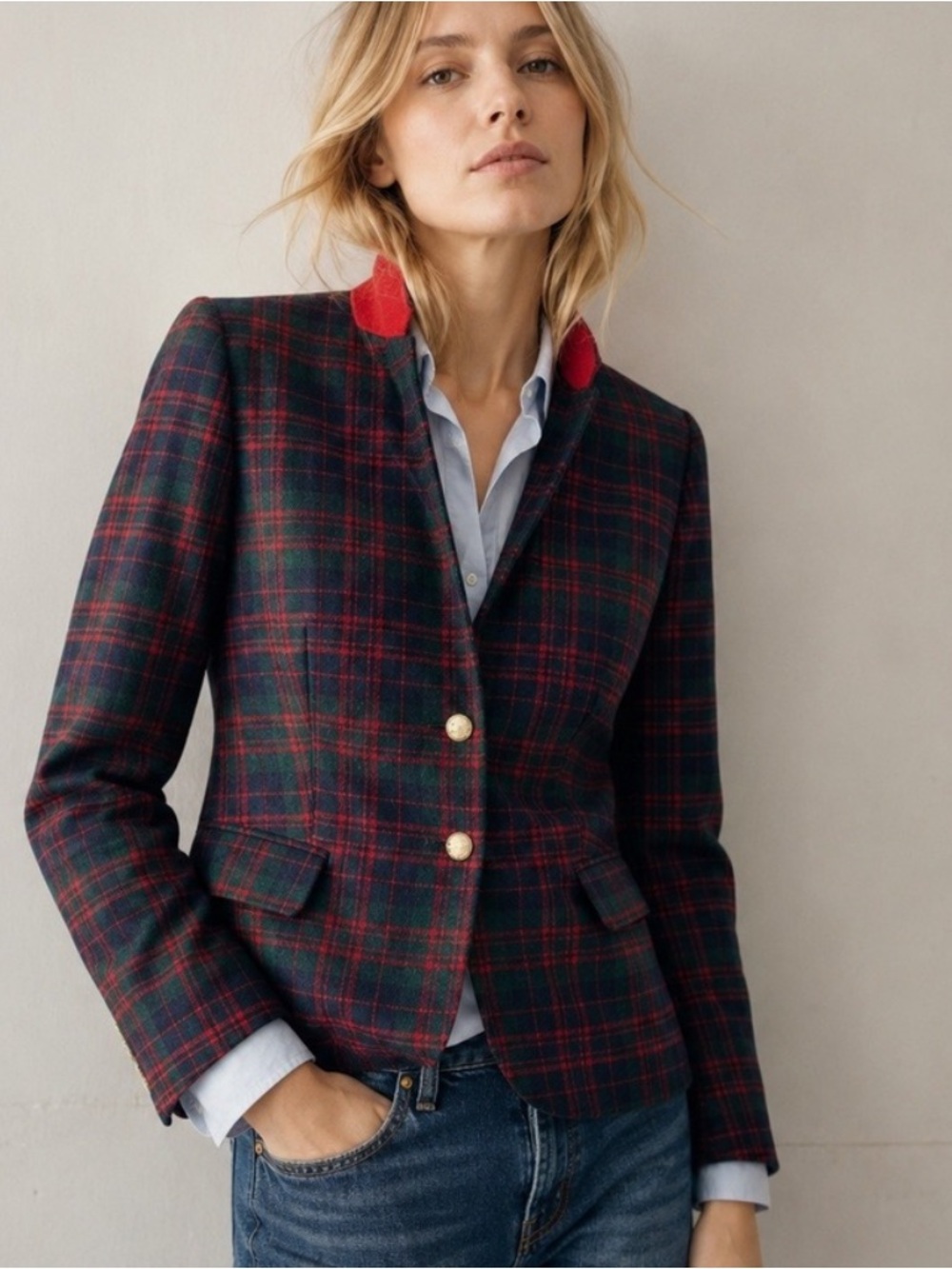 NWOT J.Crew Tartan Plaid Schoolboy Blazer Green Red Wool Blend Crest Buttons 0